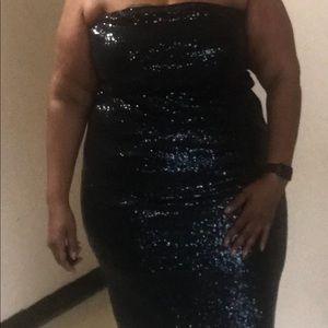 Navy blue sequin skirt and tube top.